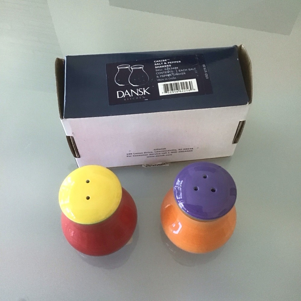 NEW NIB Dansk Red Orange Caribe Salt & Pepper Shakers ceramic 3 1/4" Handpainted